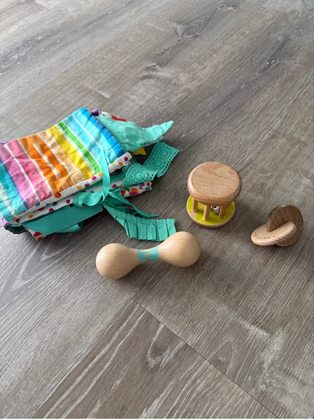 Lovevery Wooden Baby Rattle Set with Rainbow Cloth Book - 3-4+ months